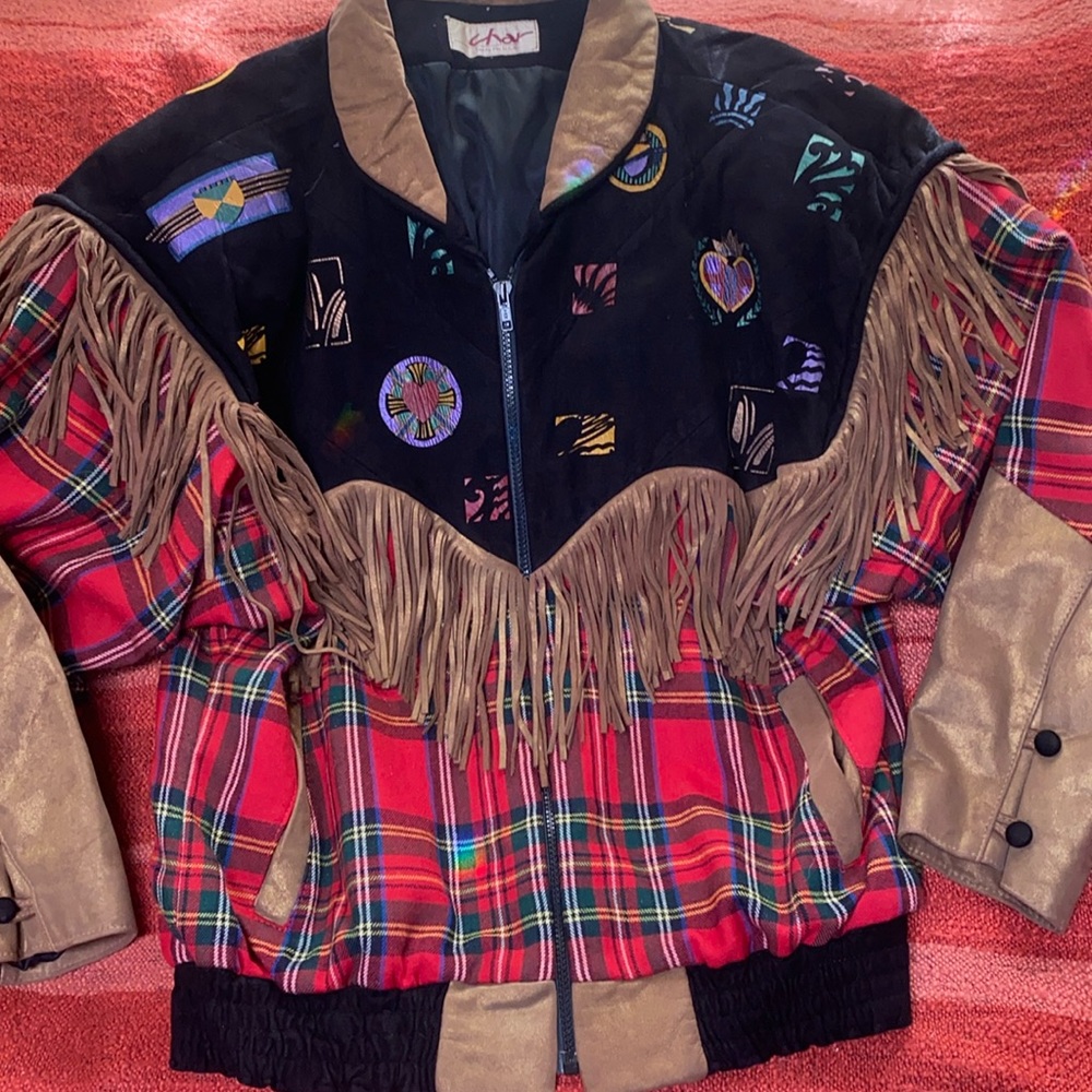 CHAR SANTA FE VINTAGE LEATHER AND  WOOL FRINGE JACKET SZ MEDIUM HAND PAIN…